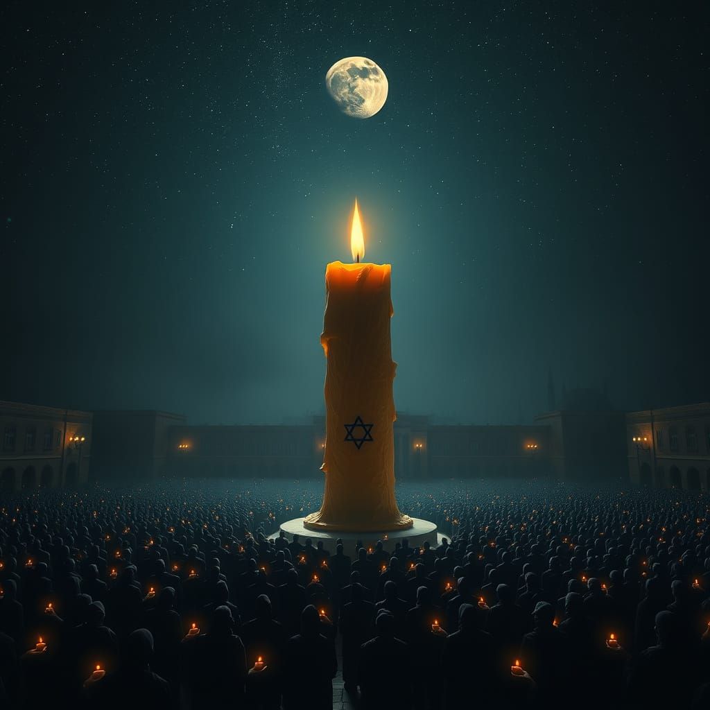 Gigantic Wax Candle Dominates Gloomy Square in Starry Night