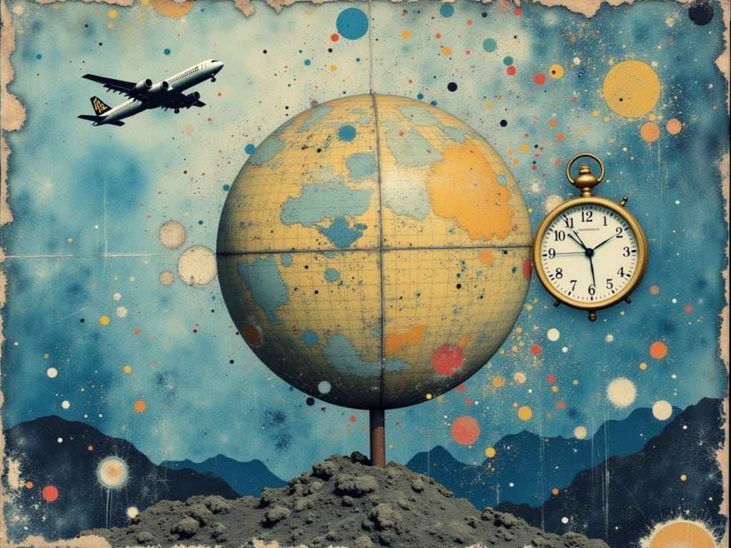 <lora:Atmosphere in Flux:1.0> abstract collage sparkling golden shimmer and cool blue colors fluid motion circle the world in one week