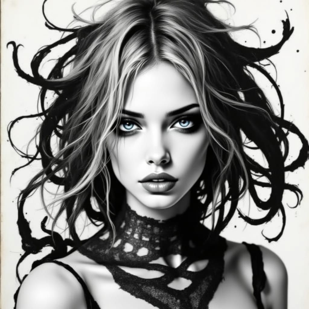  A stunning photo of a beautiful woman with blue eyes, full lips, and dark, luscious long hair, captivati...