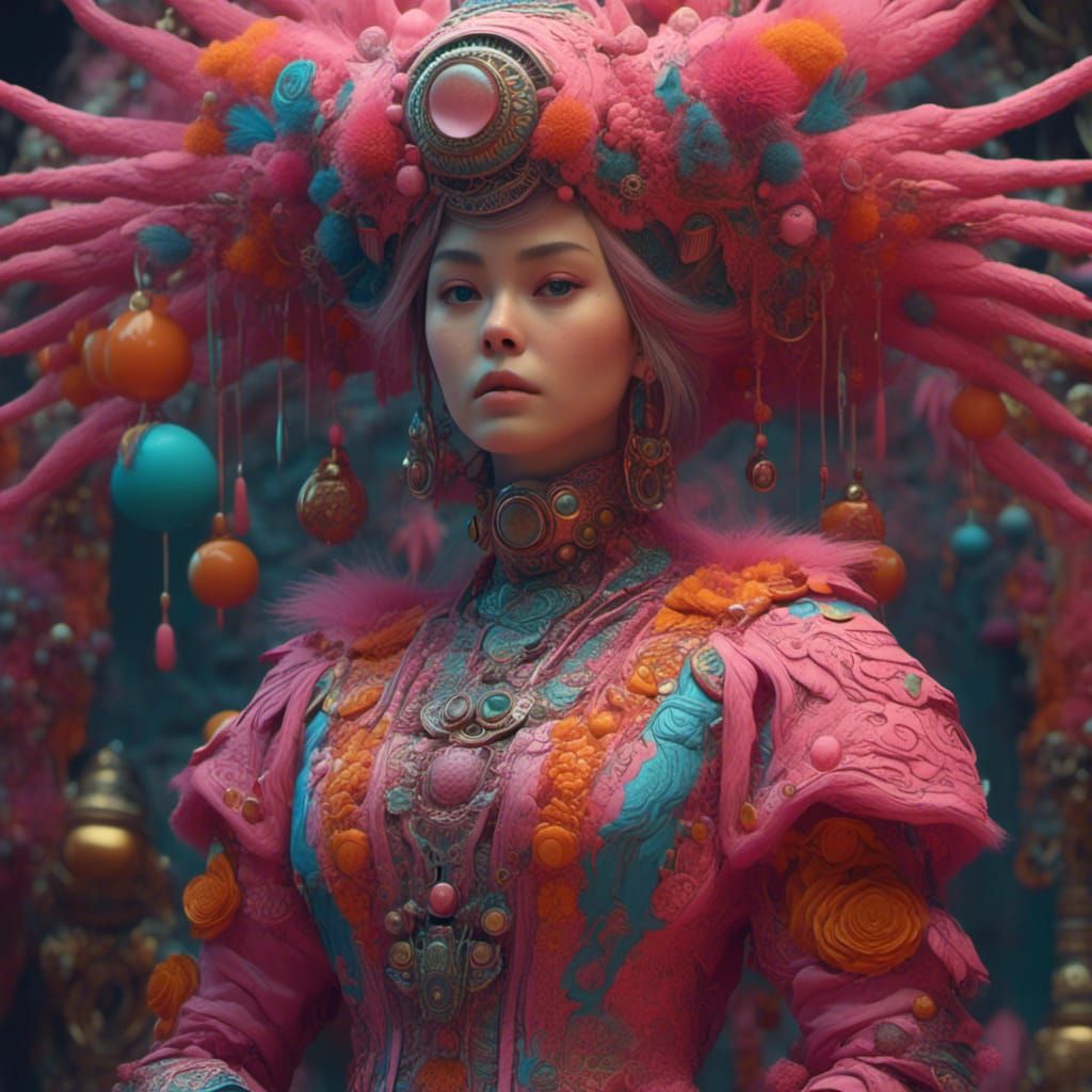 <lora:Pink Room:1.0>
Hyperrealistic portrait of a beautiful woman wearing intricately detailed colorful clothing and futuristic jewellery. B...