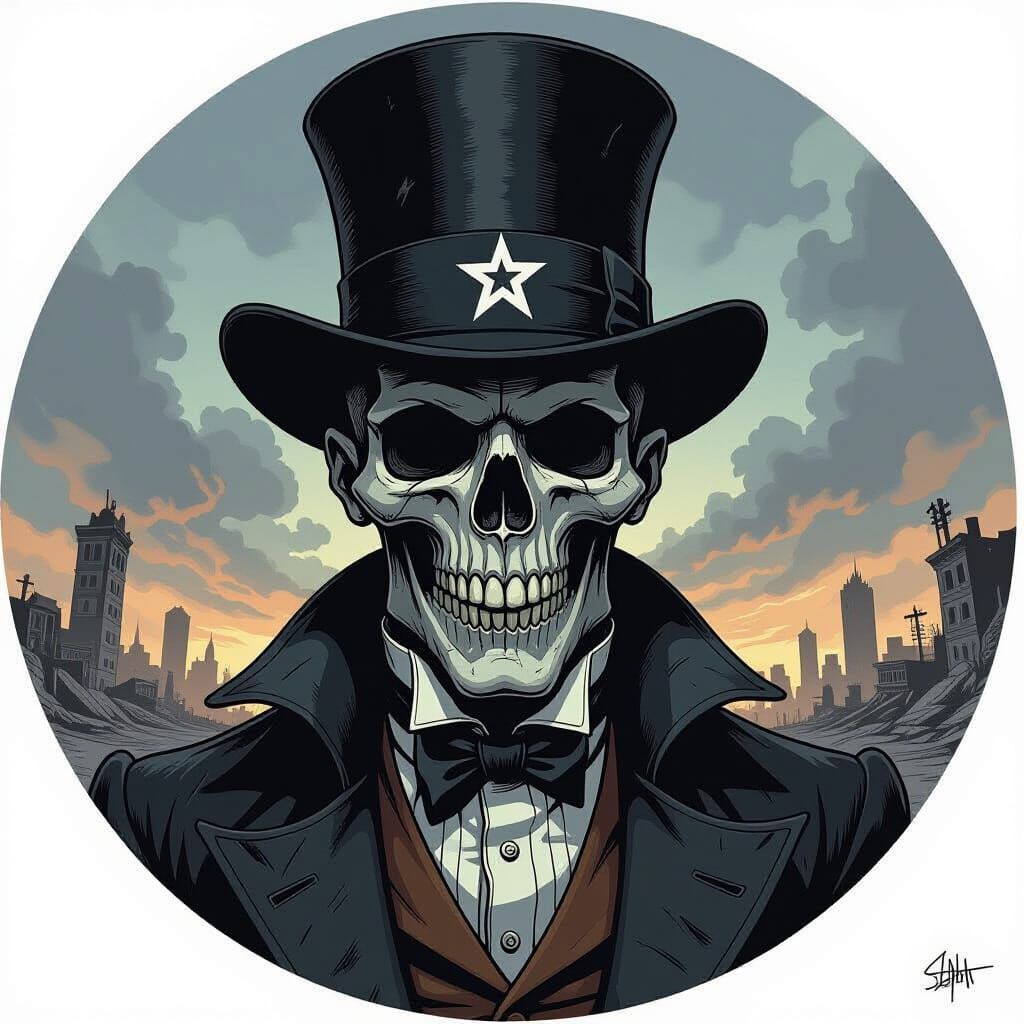 *Circle composition: Avatar of Baron Samedi* + strong shadows, Apocalyptic theme, Rutrowsky style :: shot on Kodacolor VR 400 —ar 14:9 —styl...