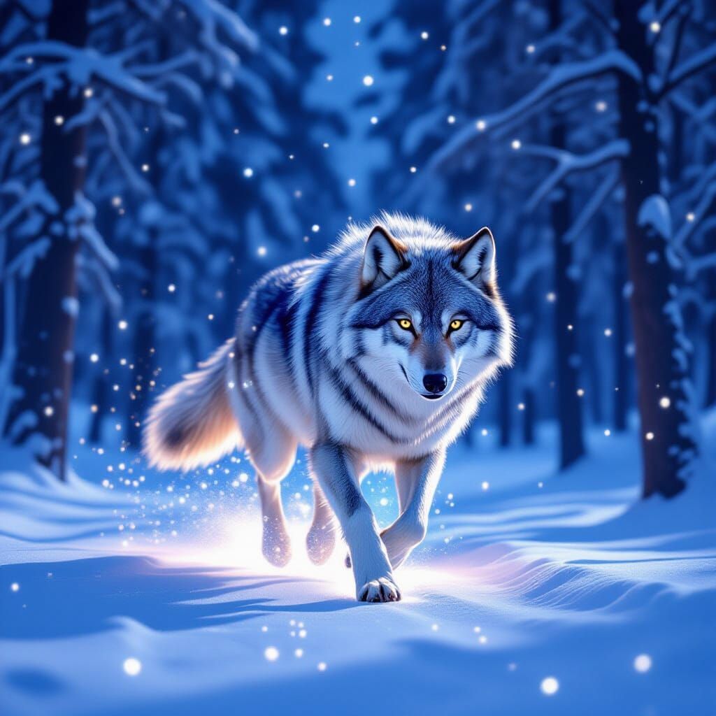 Cosmic Wolf Sprinting Through Starry Forest