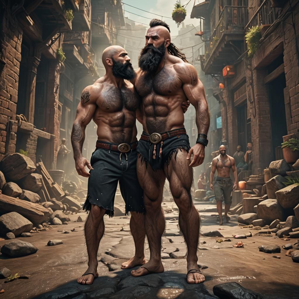 shirtless hairy muscle man with hairy feet thick black beard and bald in  jock kissing another man - AI Generated Artwork - NightCafe Creator