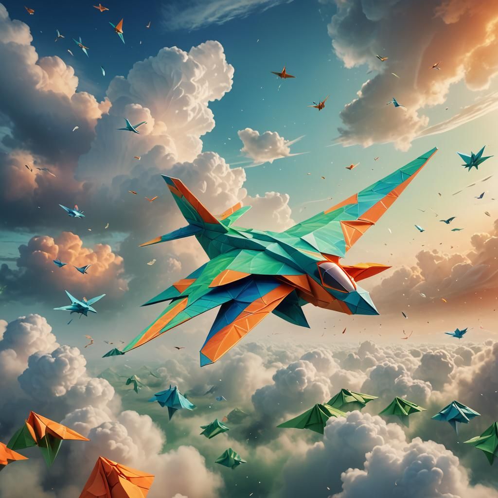 Origami Airplane Soaring Through Misty Sky