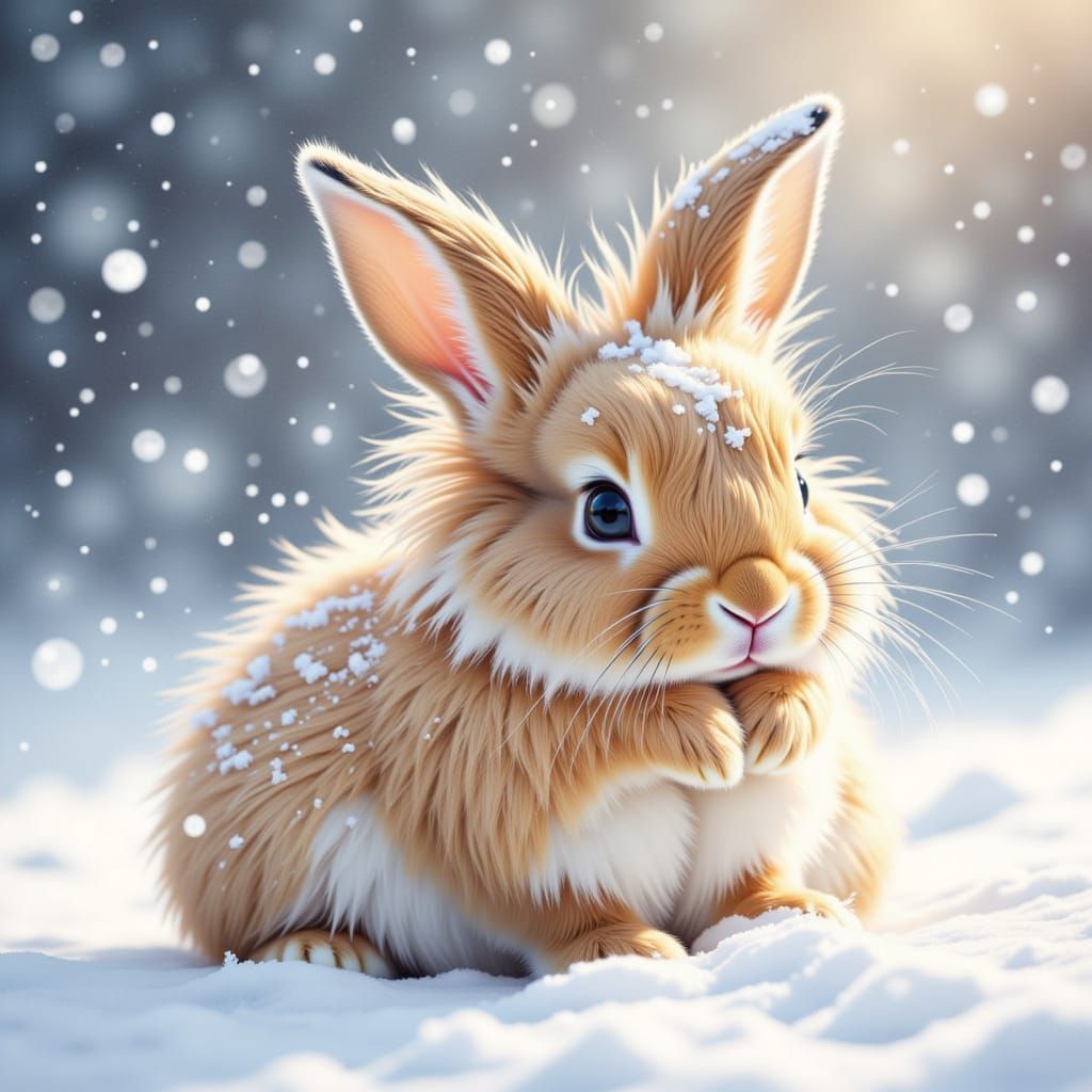 <lora:Cute Rabbits:1.0> ethereal watercolor. Medium shot. A cute baby rabbit with long fur cuddles in the snow. Many snow sprays fly in the...