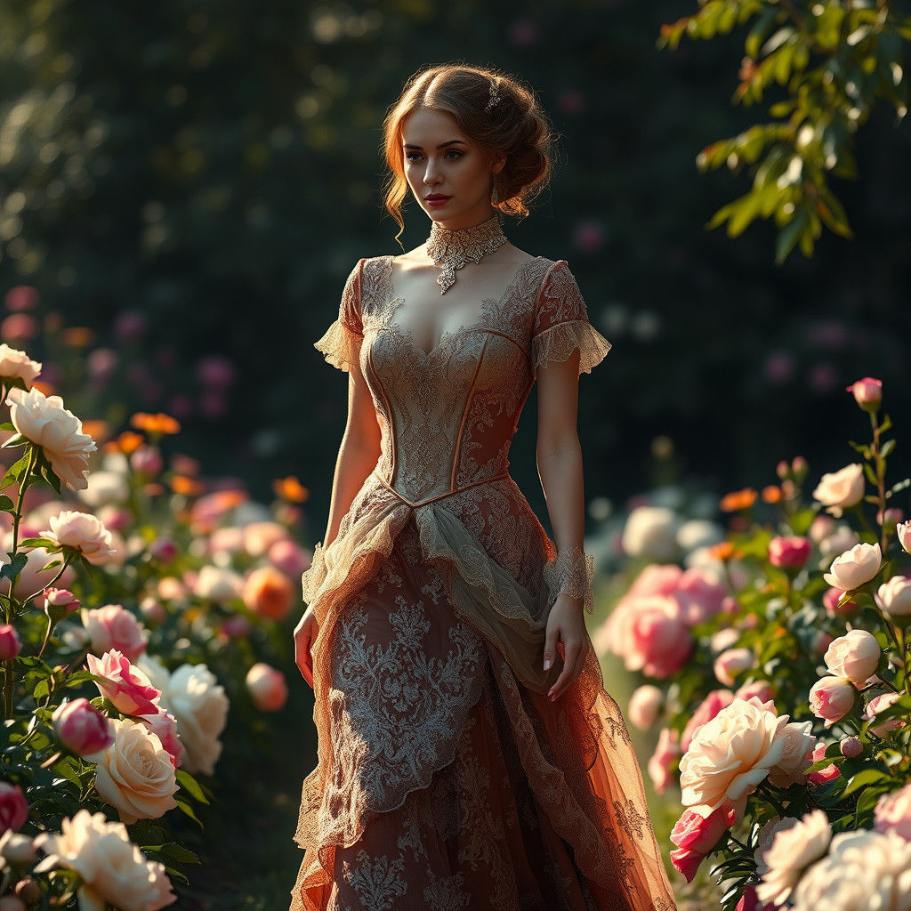 Victorian Woman Strolls Through Lush Garden