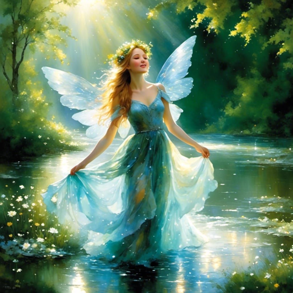 Fairy Girl Washing in River: Dark Watercolor Style