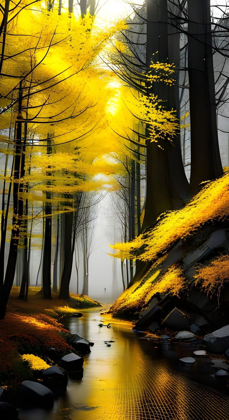 Landscape full of black and grey ash, fluorescent yellow lea...