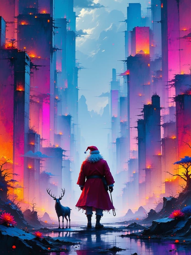 <lora:Akimora:1.0> Santa standing in a city of floating presents and glitching reigndeer, surrealism by beeple, reality bending reflections,...