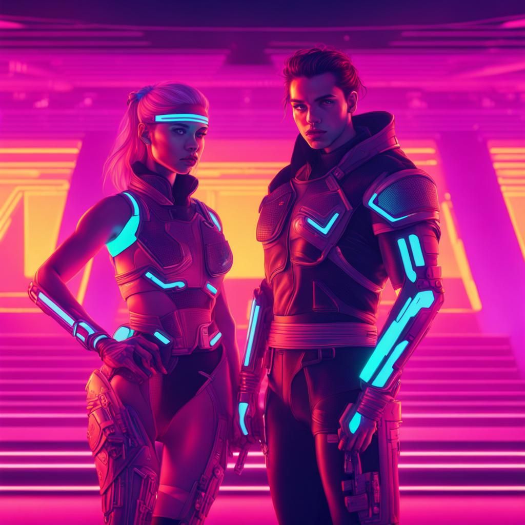 A futuristic male and female warriors standing next to each other AI