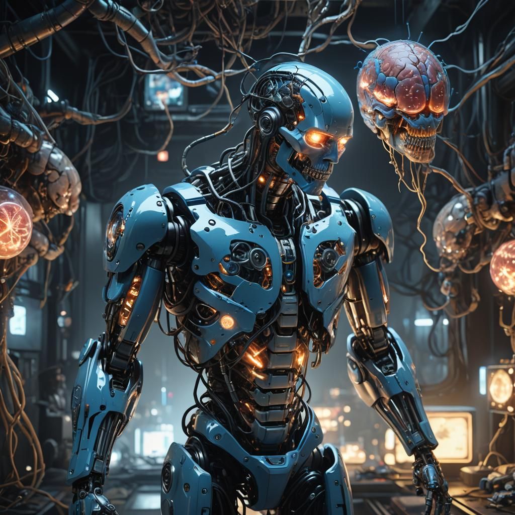 Robot with actual human organs. Brain transparent glass made...