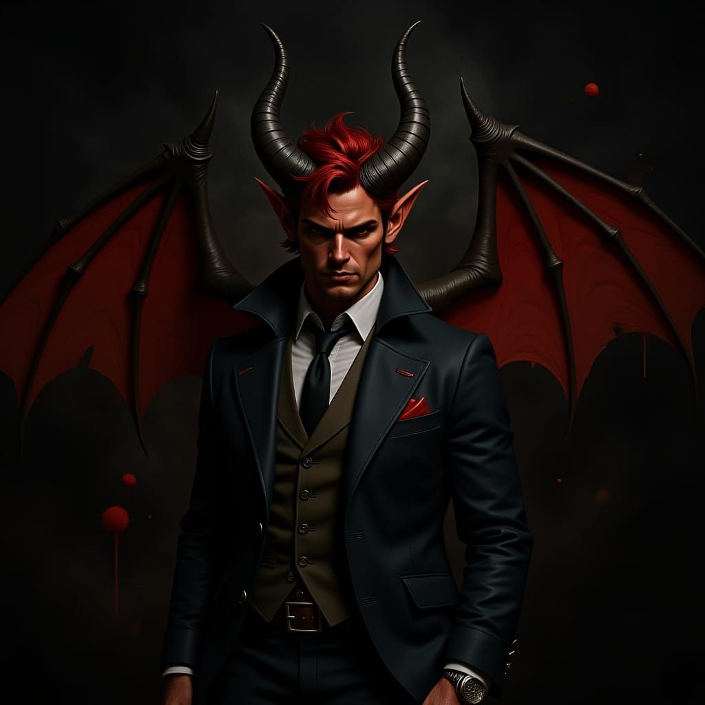 Male Tiefling in a suit with horns and wings 