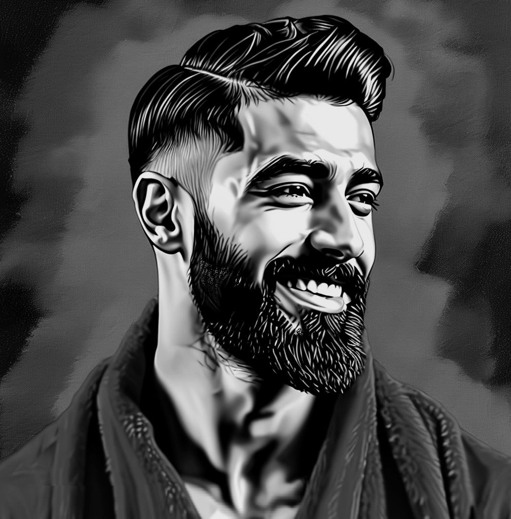 A handsome  bearded man   wearing a   bathrobe