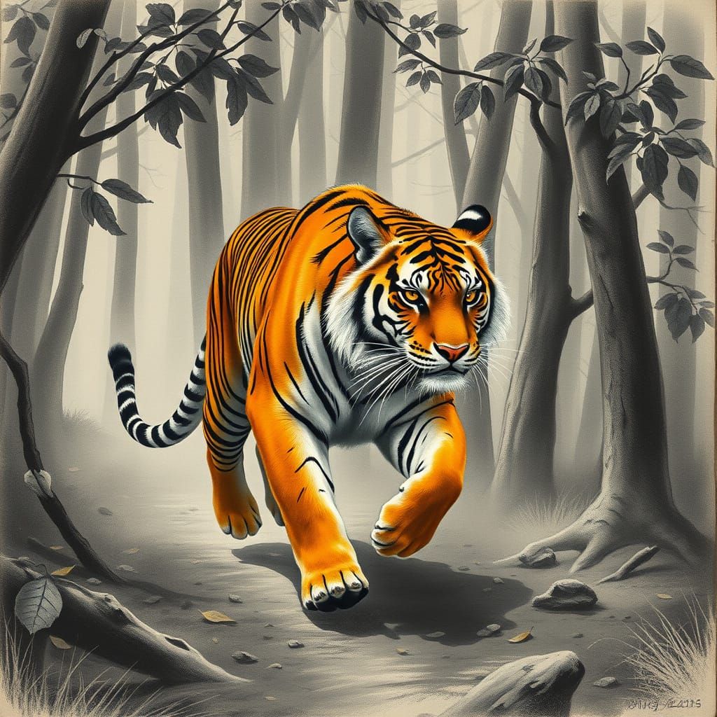 Tiger Running In A Charcoal Forest