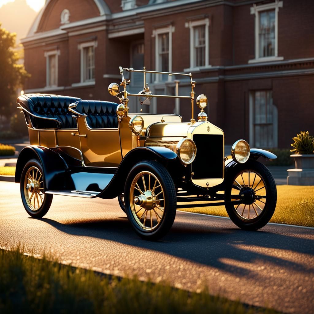Modern setting. A pristine vintage model T admired by a couple of senior citizens. Golden hour, Hyperrealistic ...  by @Pigsy