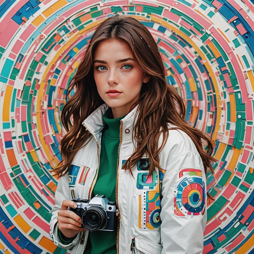 woman, white jacket, green eyes, brown hair, camera, colors,...