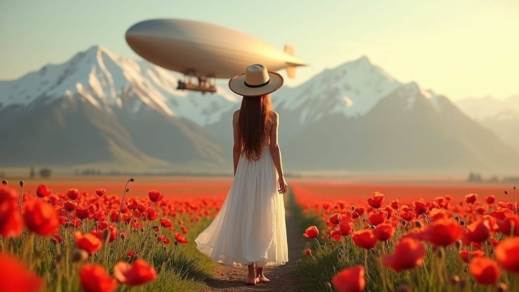 Végtelen pipacsmező, a horizonton hófedte, hatalmas hegycsúcsok. A mező felett nem messze egy Zepellinhez hasonló, de steampunk léghajó lebe...