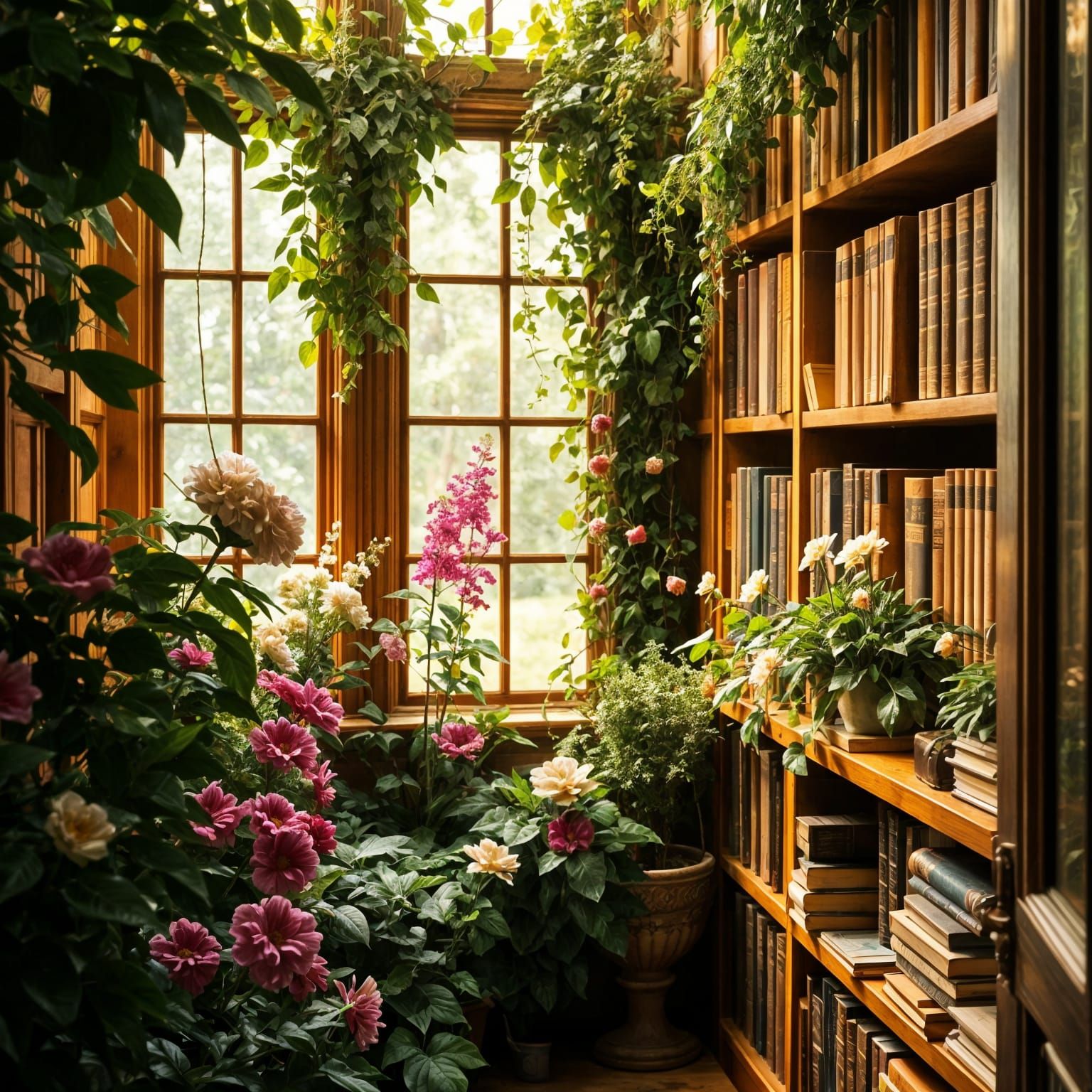 Library with flowers  by @Linda