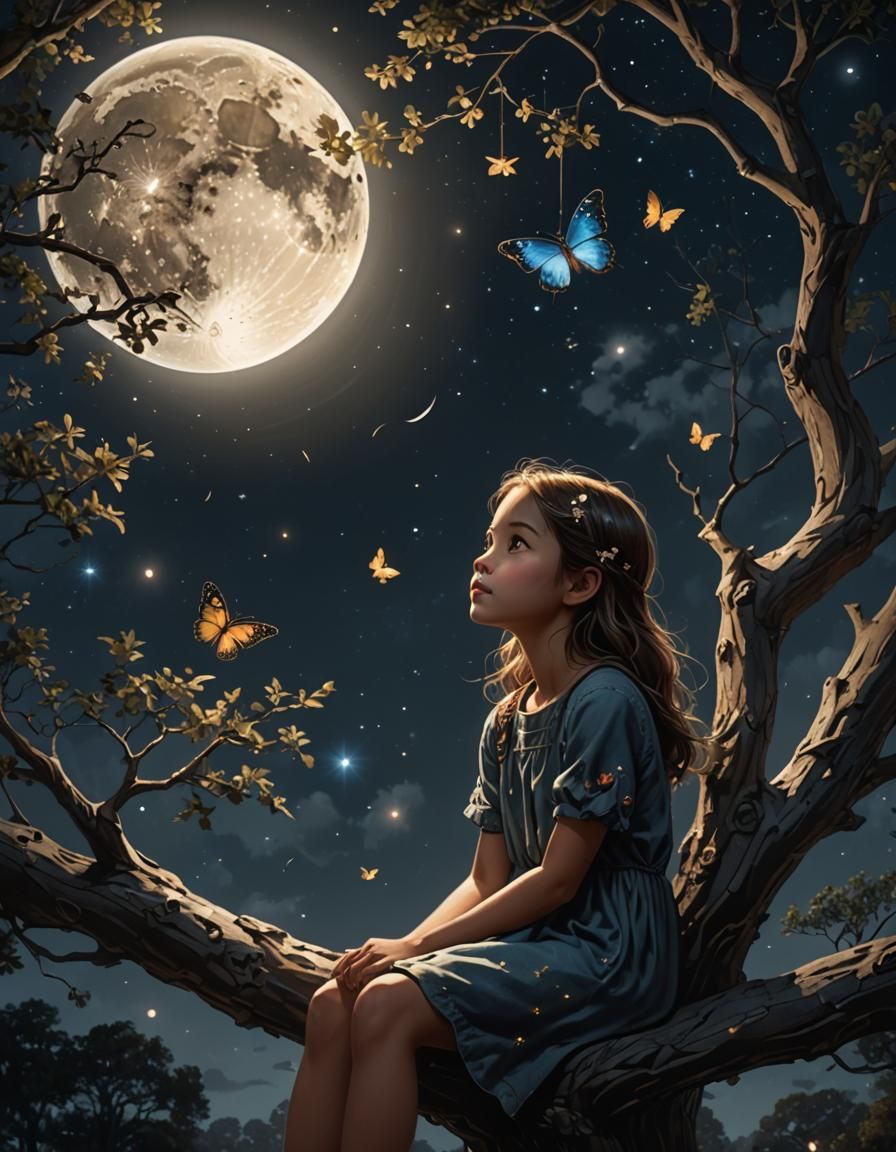 A young girl sits on a branch of a tree, her gaze directed upwards at a large, full moon that casts a ...  by @Nick DIGART