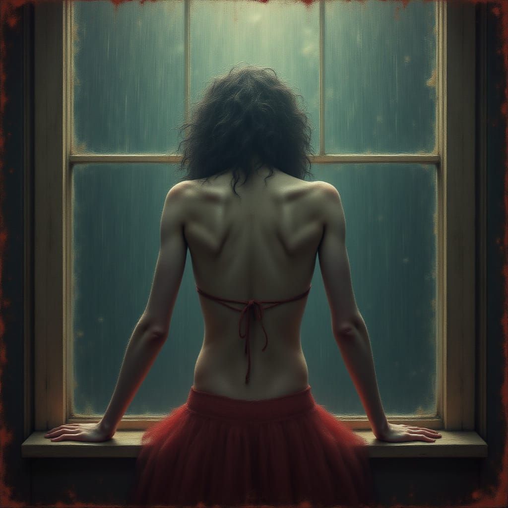 <lora:Dympled:1.0> a stunning pinup daydreaming at a window watching the rain textured as dimple art