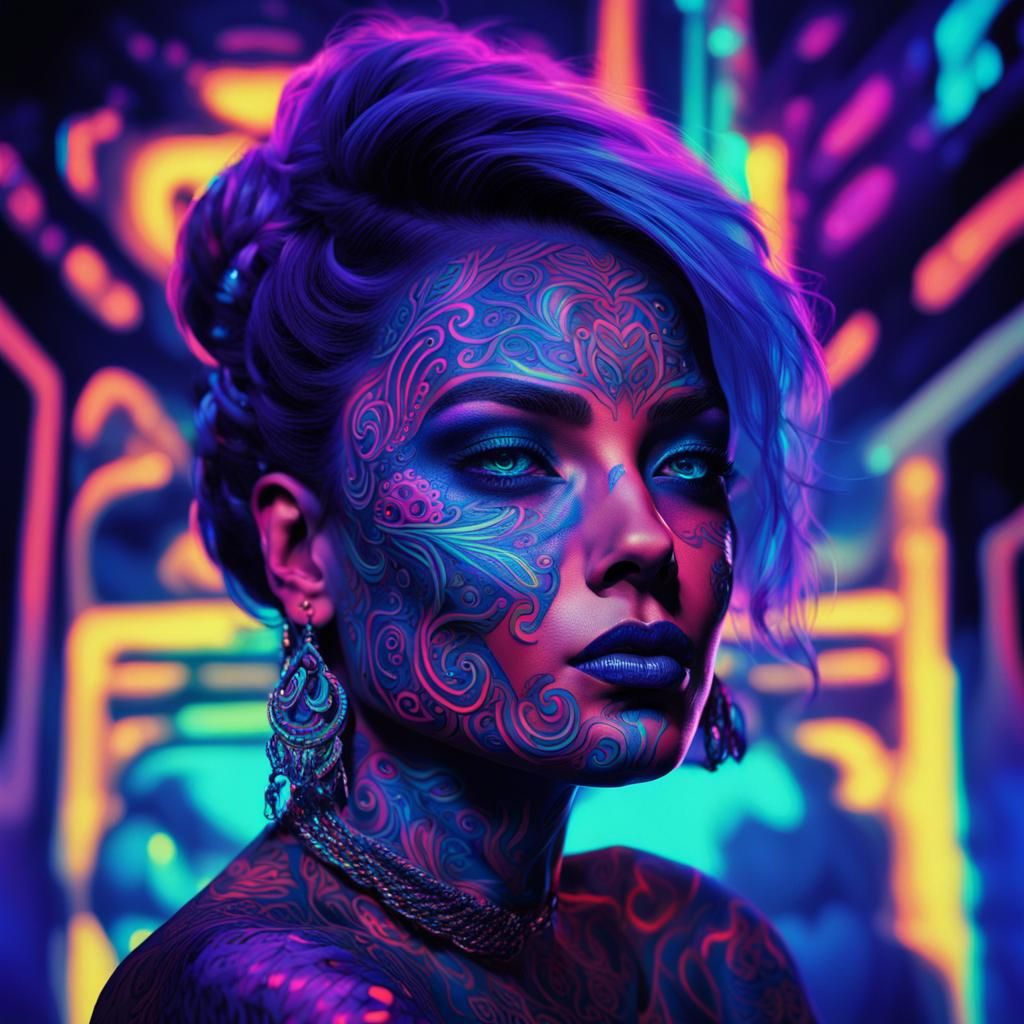 fluorescent,  beautiful lady face 
 with tattoos Illuminated...