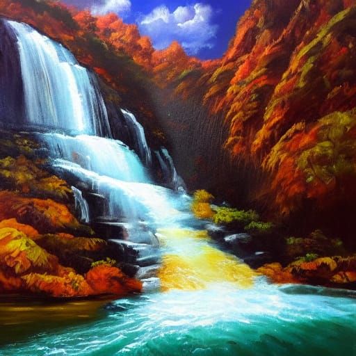 A huge golden chrome slide going down a large waterfall oil painting