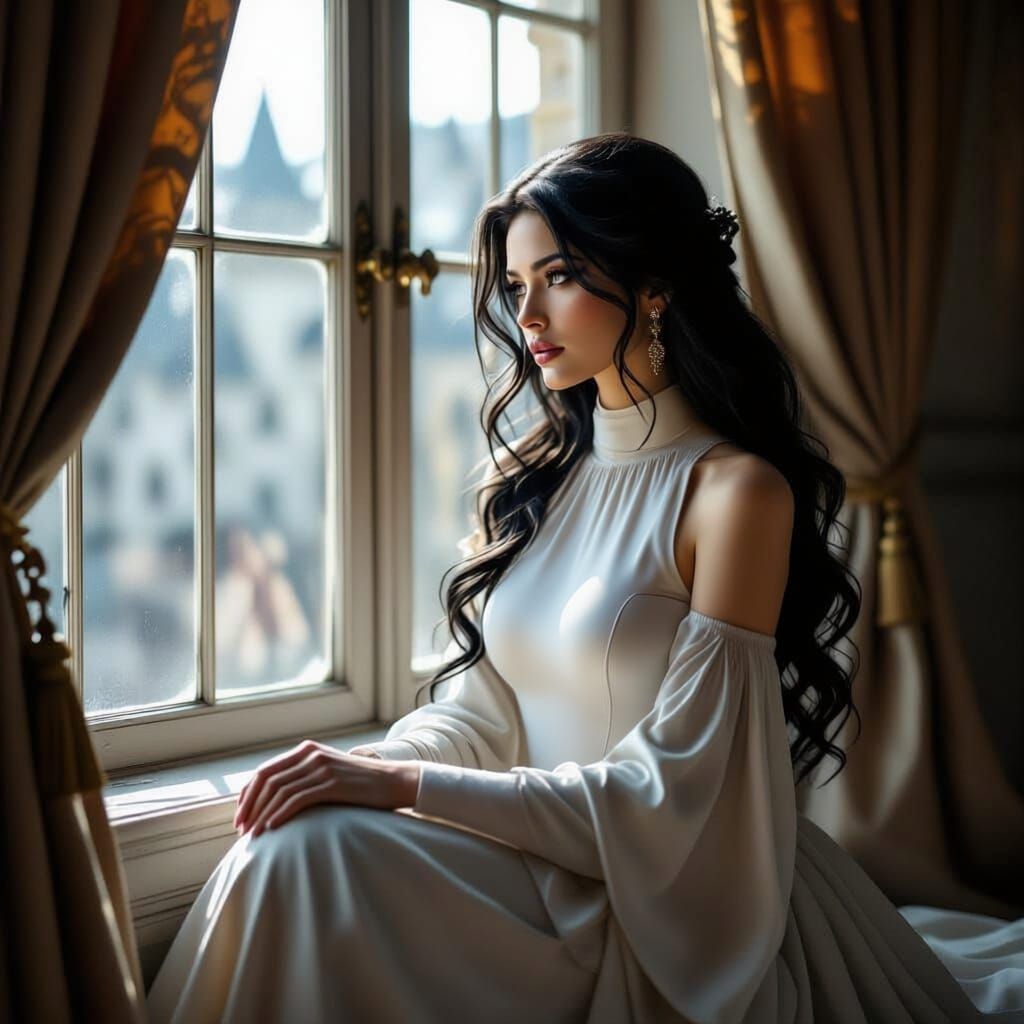 A beautiful woman with flowing black hair, draped in a high-collared high fantasy dress with ornate fantasy shoulders, sits by a grand windo...