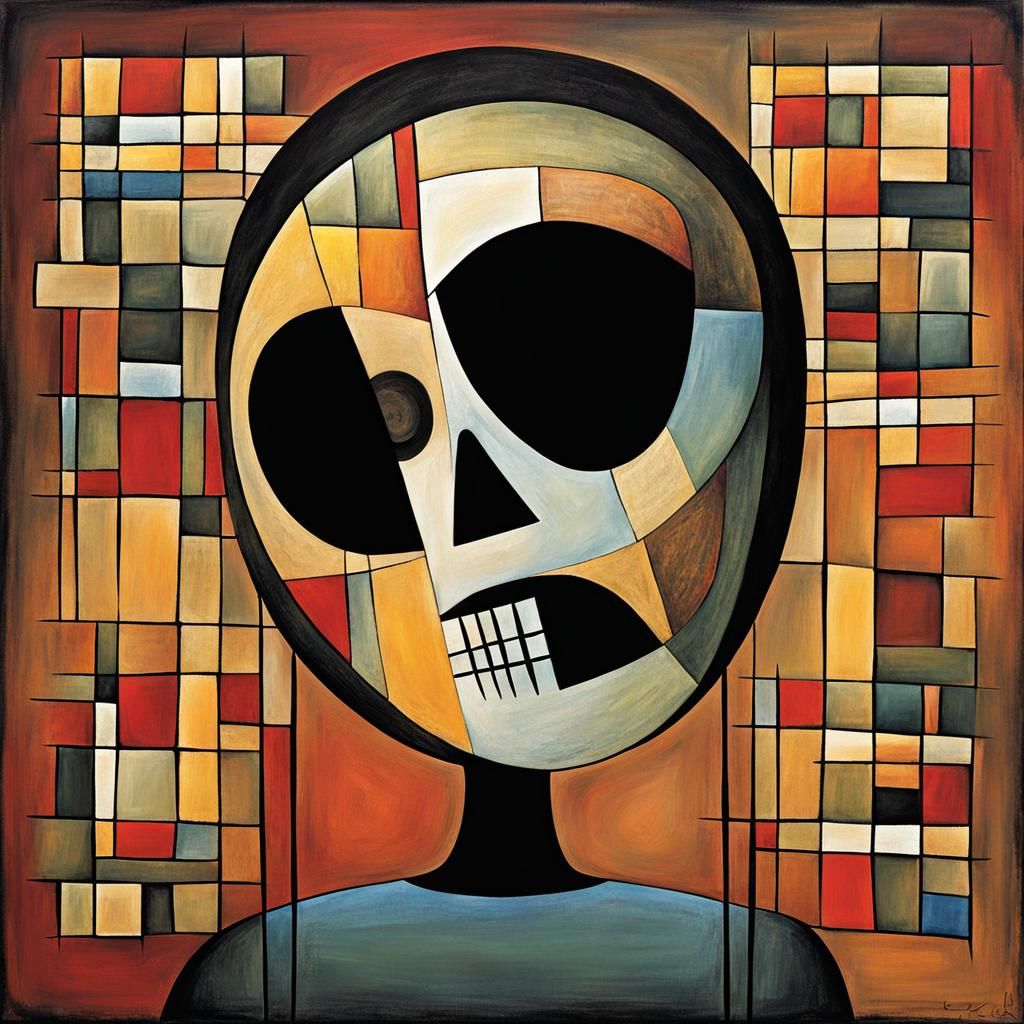 Girl with Death Mask (She Plays Alone) in the style of Paul Klee AI