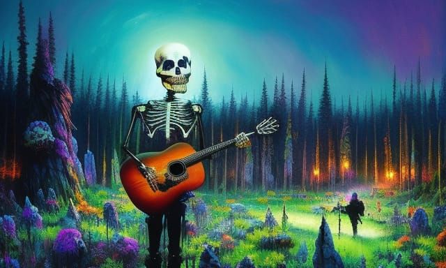 Skeleton playing guitar