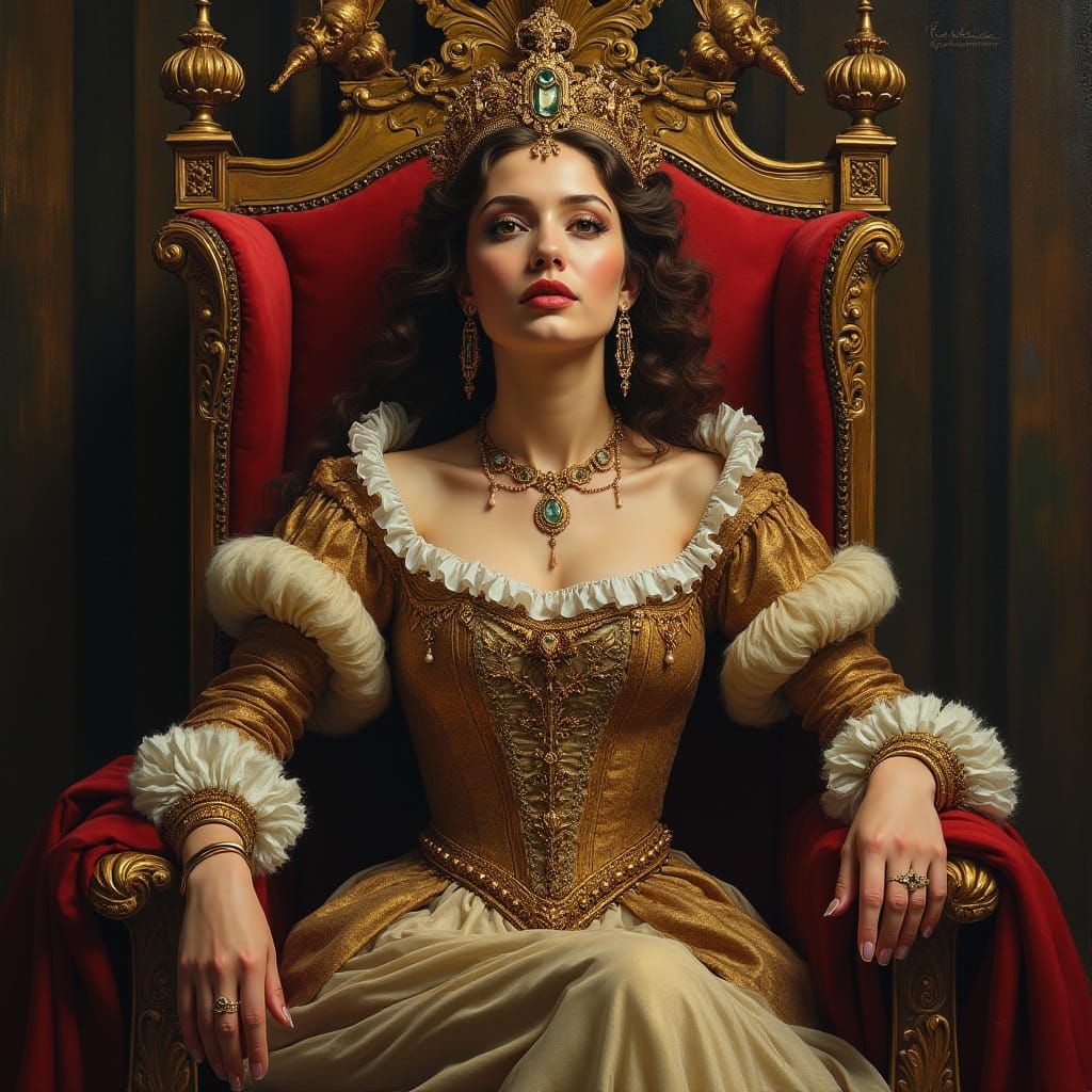 Regal Woman in Ornate Renaissance Attire Seated on Throne