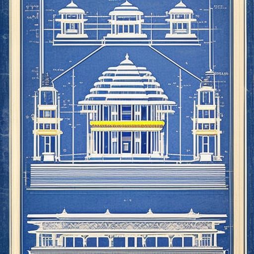 Vintage blueprint of technical drawing schematic of an ancie...