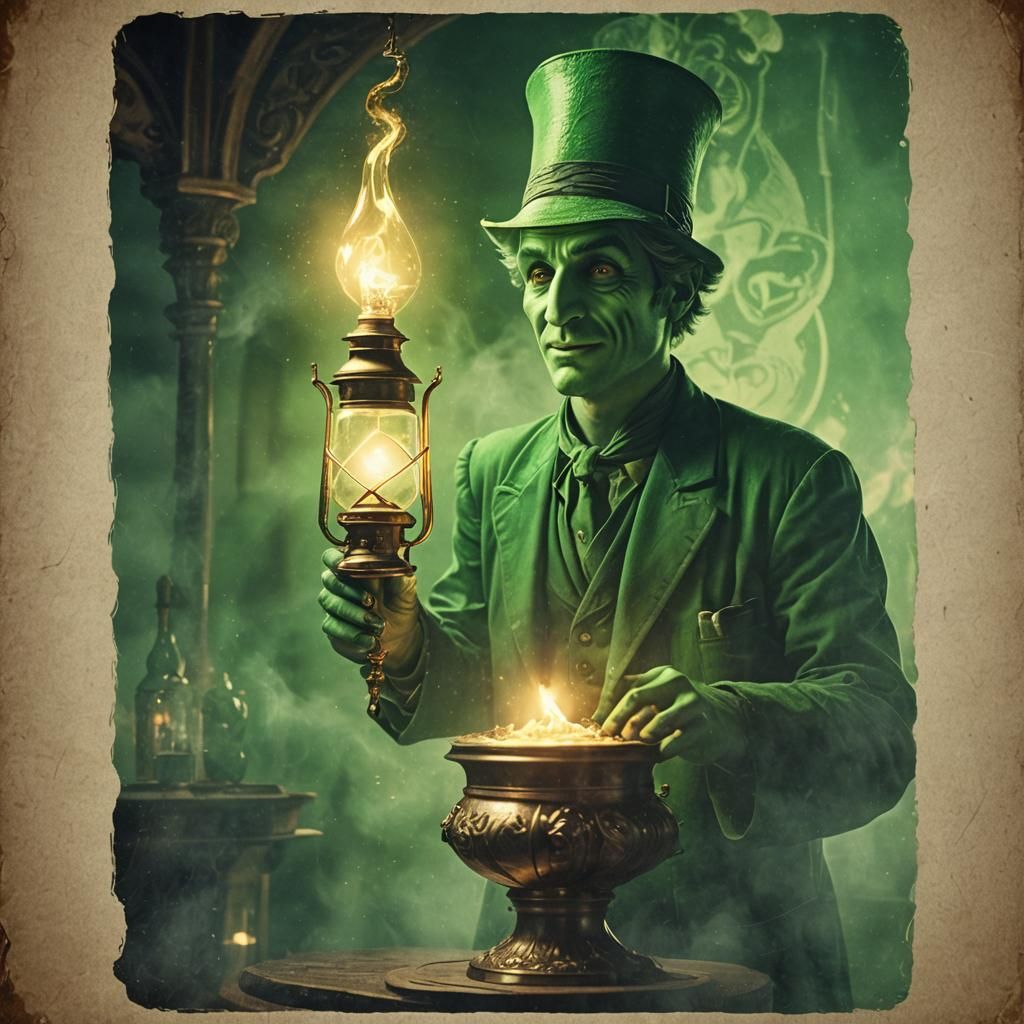 absinthe style poster of genie coming out of lamp background depth with ...