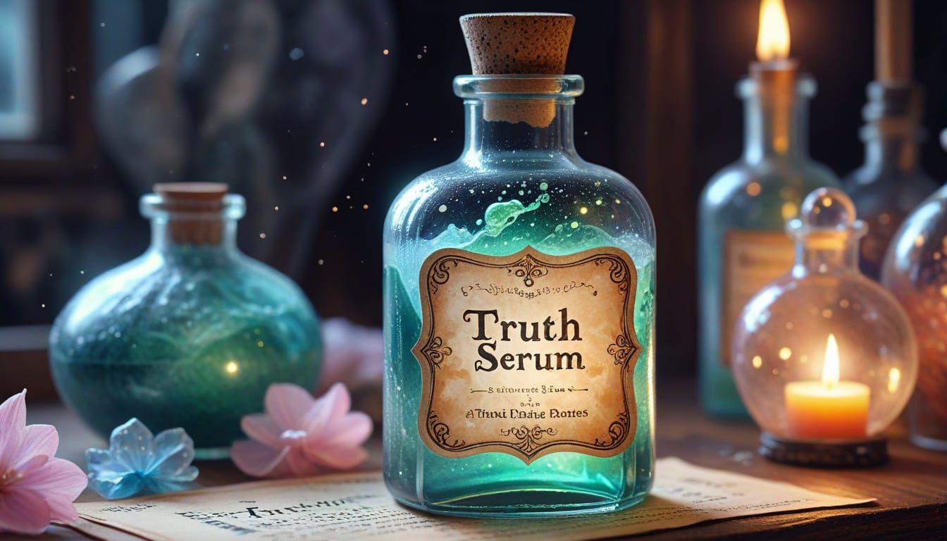Watercolor painting. A pastel-colored potion labeled "Truth Serum - Side effects may include brutal honesty ...  by @aNta
