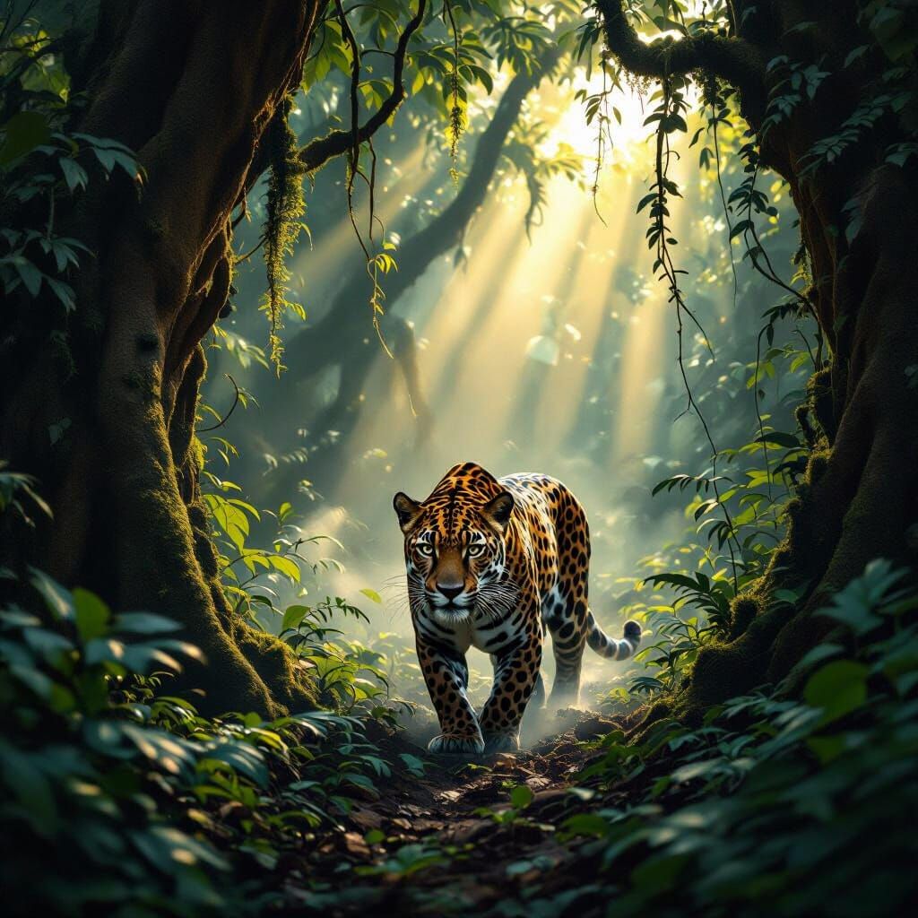 A hyper-realistic view deep inside a dense tropical jungle, towering ancient trees draped with vines, their trunks covered in moss and fungi...