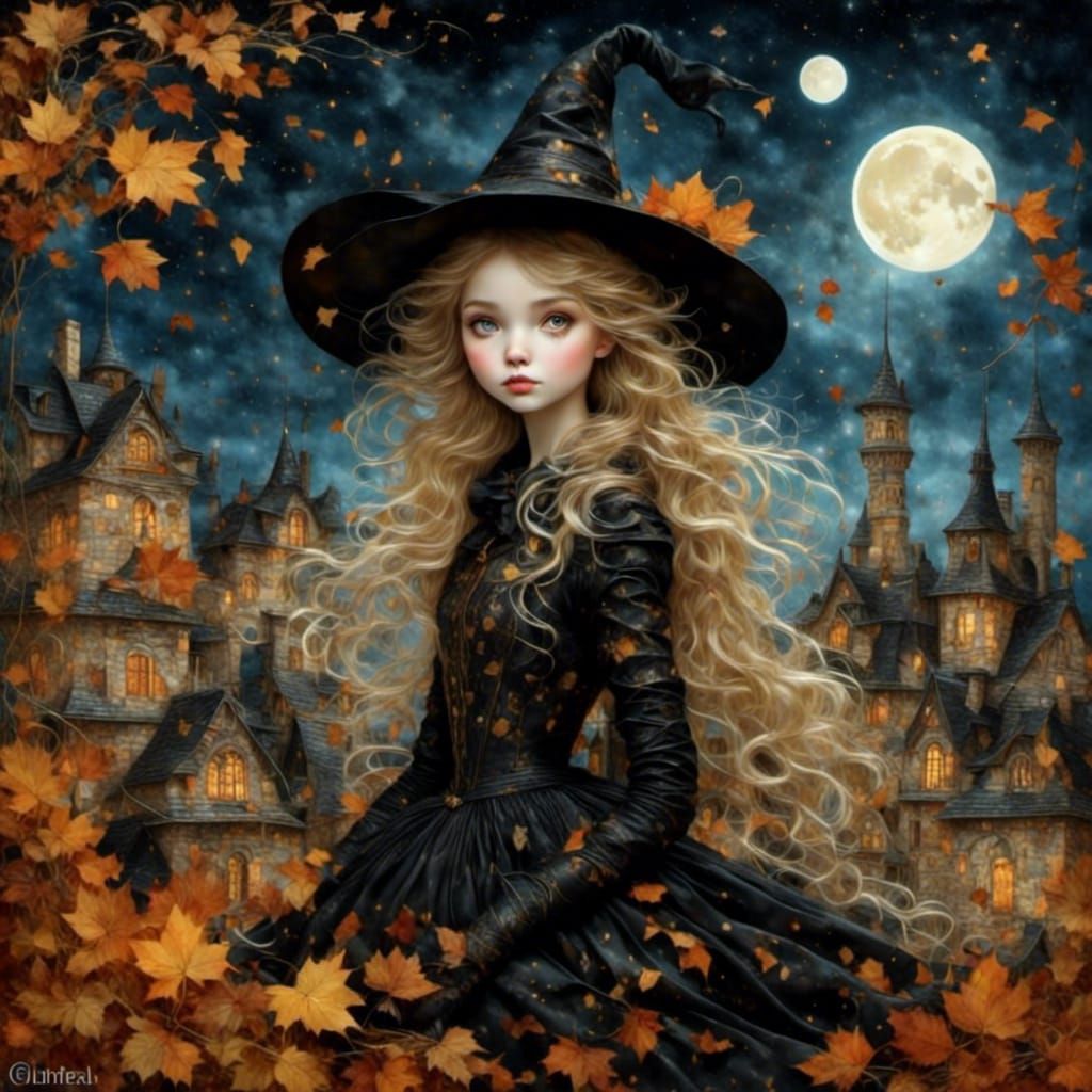 Mystical Witch Rides Broomstick in Oil Painting Style