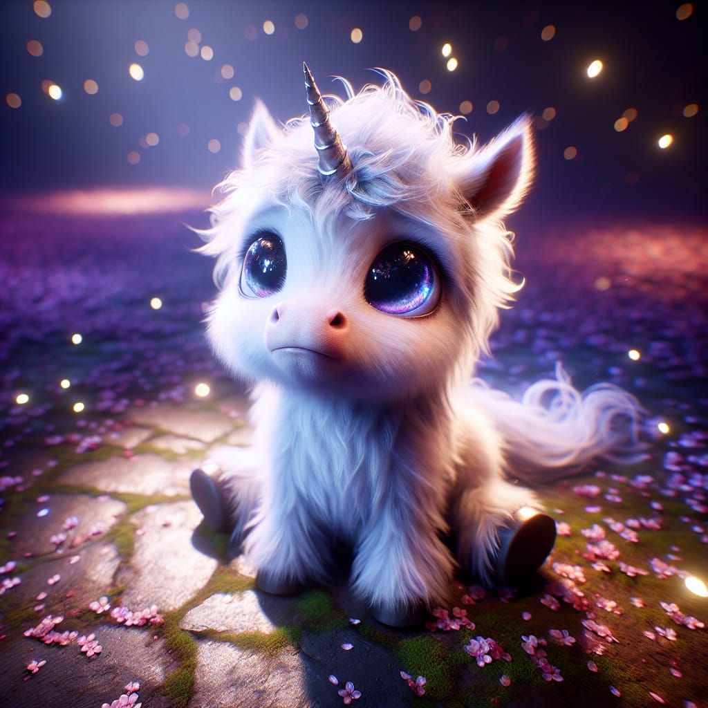 a cute realistic fluffy baby unicorn, gazing up at the viewe...