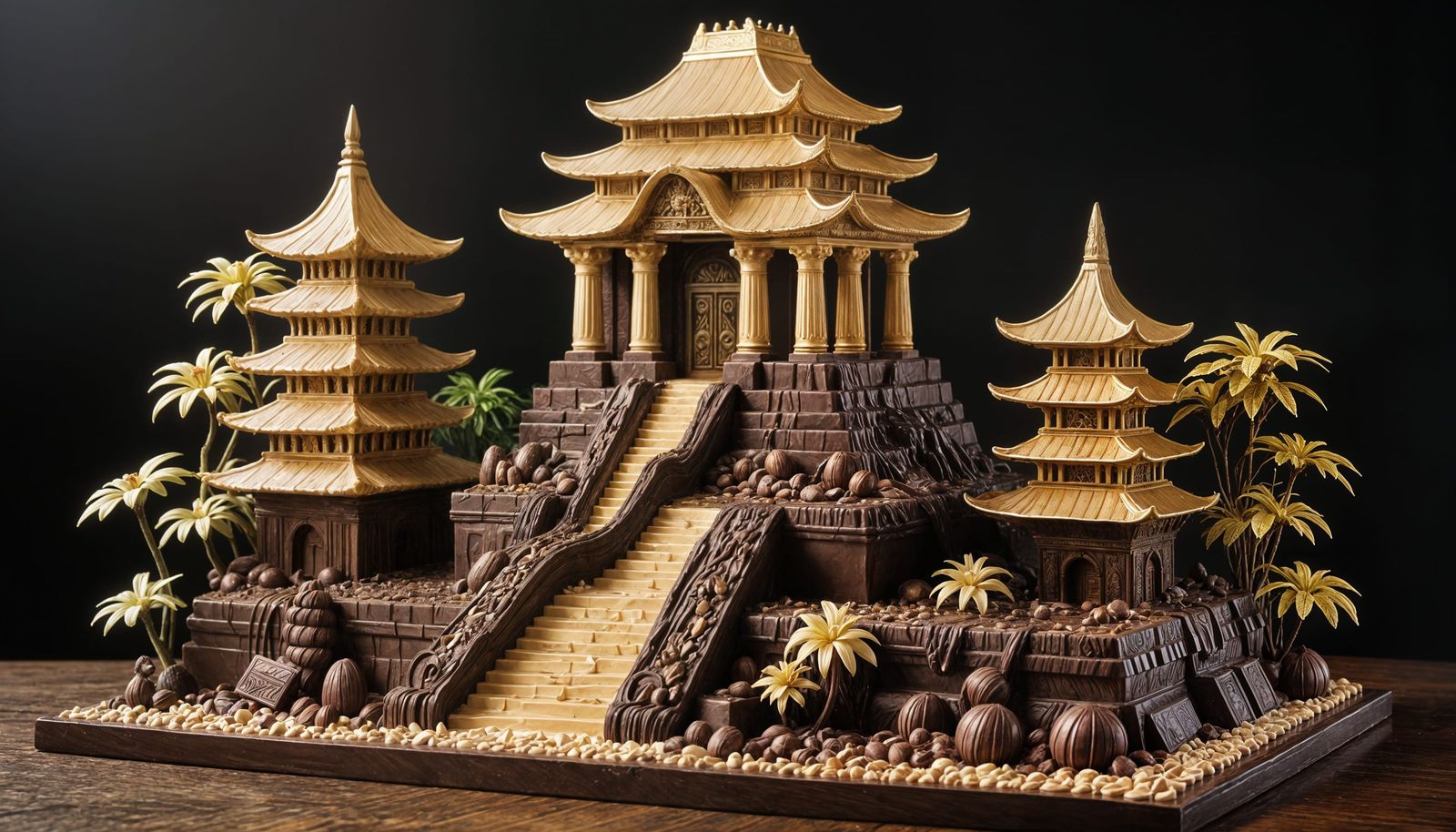 A hyper-realistic sculpture made entirely of dark, milk, and white chocolate, shaped like an ancient ...  by @christian vichi