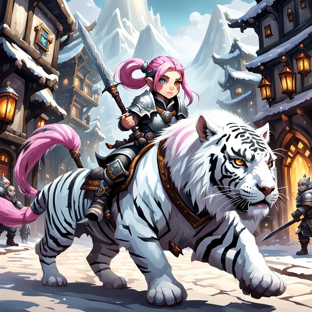 A young female gnome warrior with pink pigtail hair riding in a giant white tiger, silver helmet, long ...  by @Ori