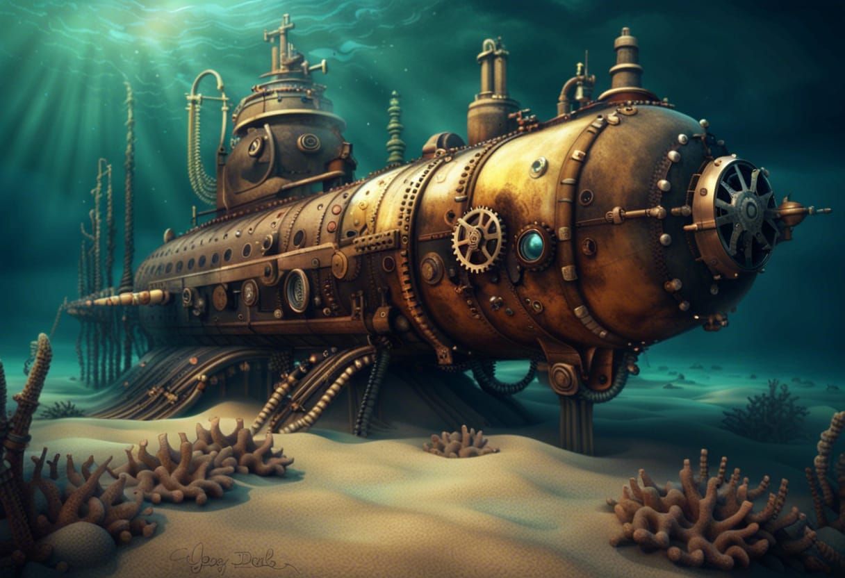 Steampunk submarine above a sandy sea floor, detailed mechanical parts ...