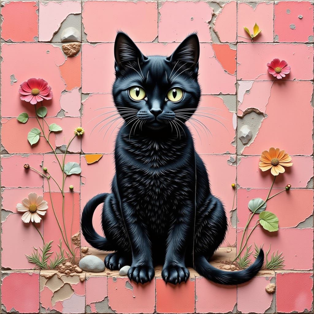Black Cat Mosaic on Pink Paw Print Tiles