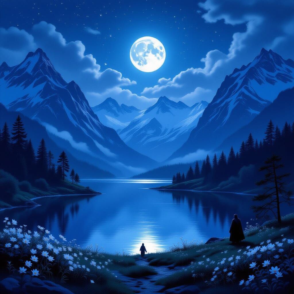 Mysterious Moonlit Valley with Warrior