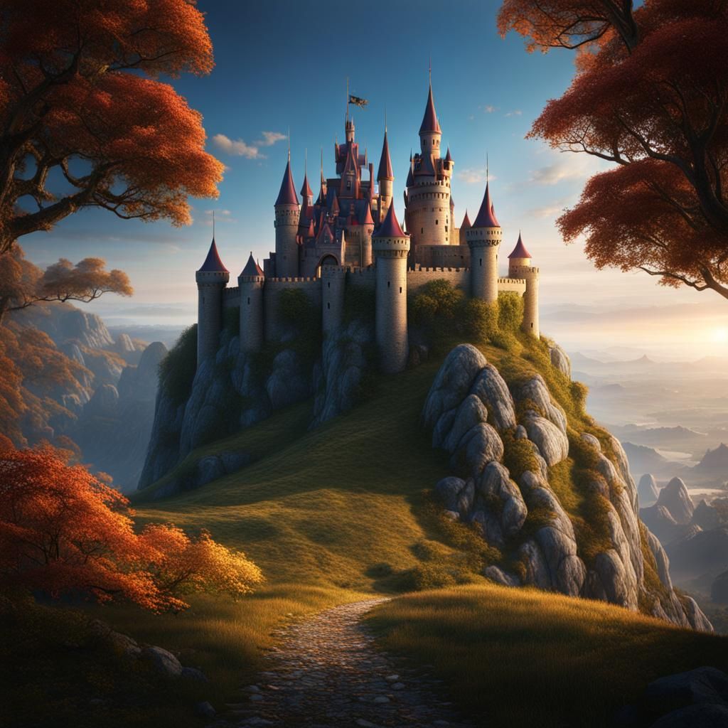 A castle on a hill with a Princess’s shadow shown behind it. Suspensful