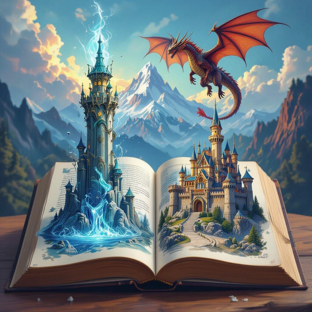 in an open book lying on the table on the left page a tower of mana grows, on the right a castle of the mountain king and a dragon above it....