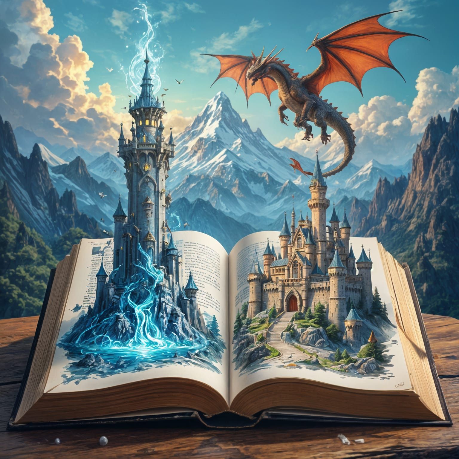 in an open book lying on the table on the left page a tower of mana grows, on the right a castle of the ...  by @Likra