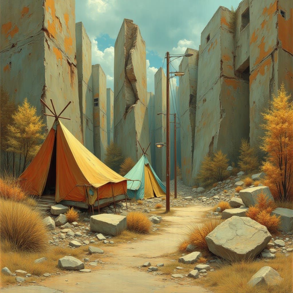 <lora:Brutalist Wilderness:1.0> Oil painting of a nomadic outpost carved from collapsed freeways in the style of Zdzisław Beksiński and Bru...