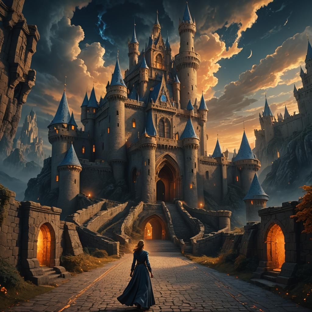 Woman Walks Through Castle with Black Skies