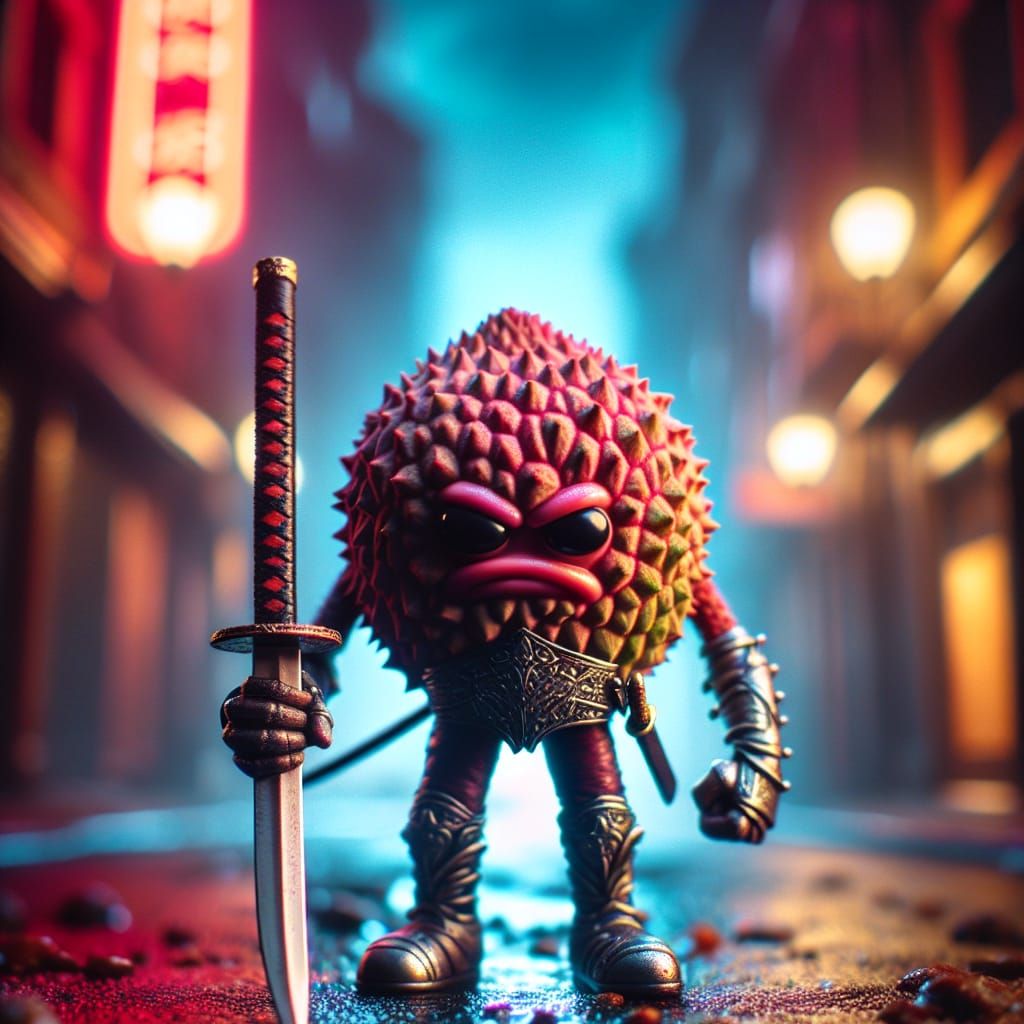 Lychee Warrior on Fantastical Street in Analog Style