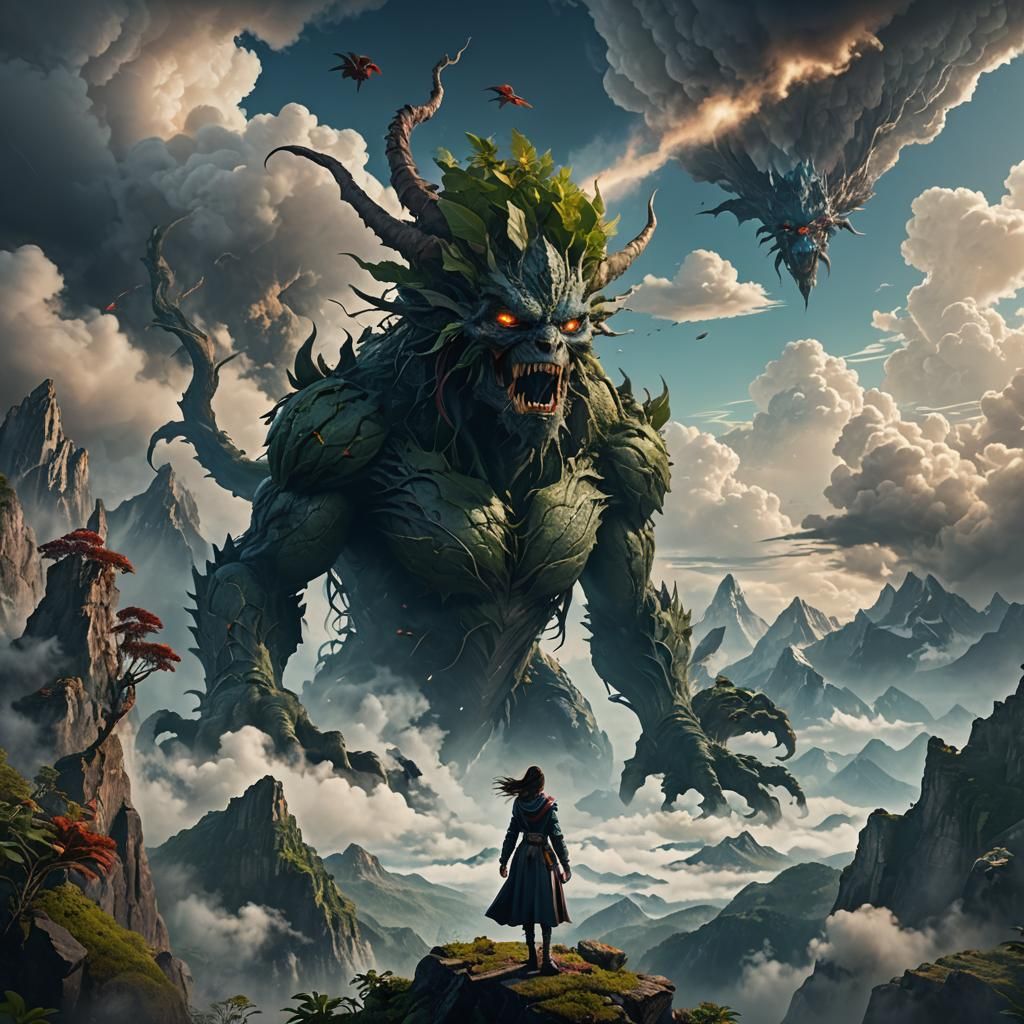 a woman looking of the top of a mountain with a plant flying...