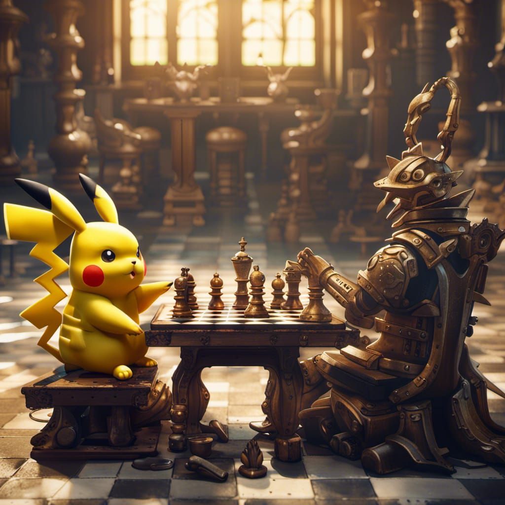 Pikachu playing chess and eating ramen