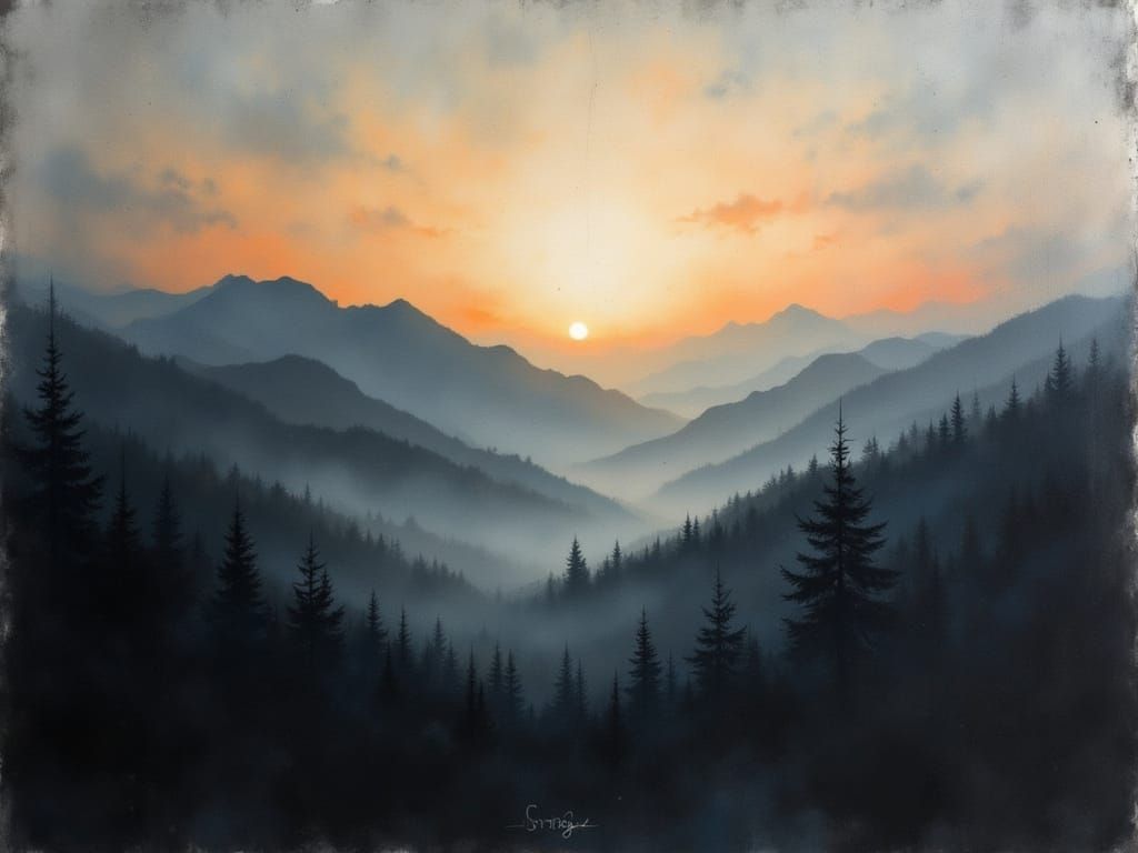 <lora:HRH-petals and paws:1.0> Aged black canvas, misty mountains at dawn